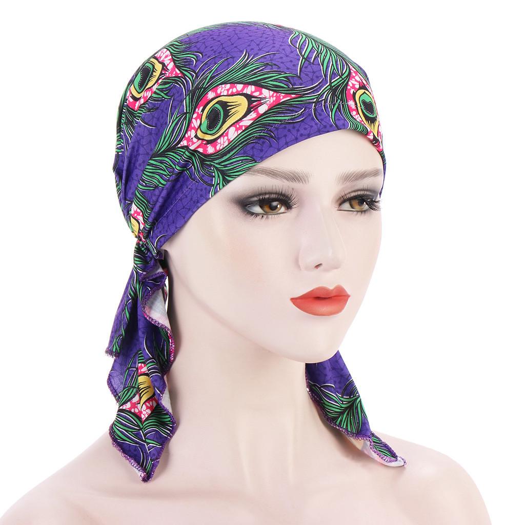 

Muslim Headscarf Hat With Elastic Fit For All Seasons Black Polyester Feather Design Purple