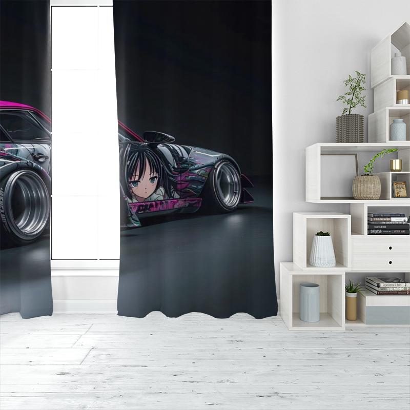2Pcs- Modified car - Printed curtain, Polyester semi-transparent curtain -100% polyester material, home decoration