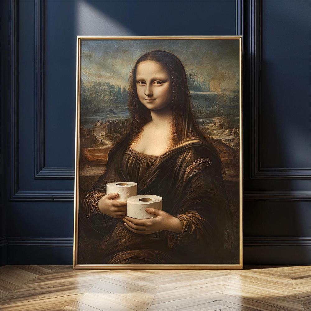 Funny Mona Lisa Poster Bathroom Wall Art with Toilet Paper Prints Toilet Decor Art Parody Canvas Painting Guest Toilet Gift
