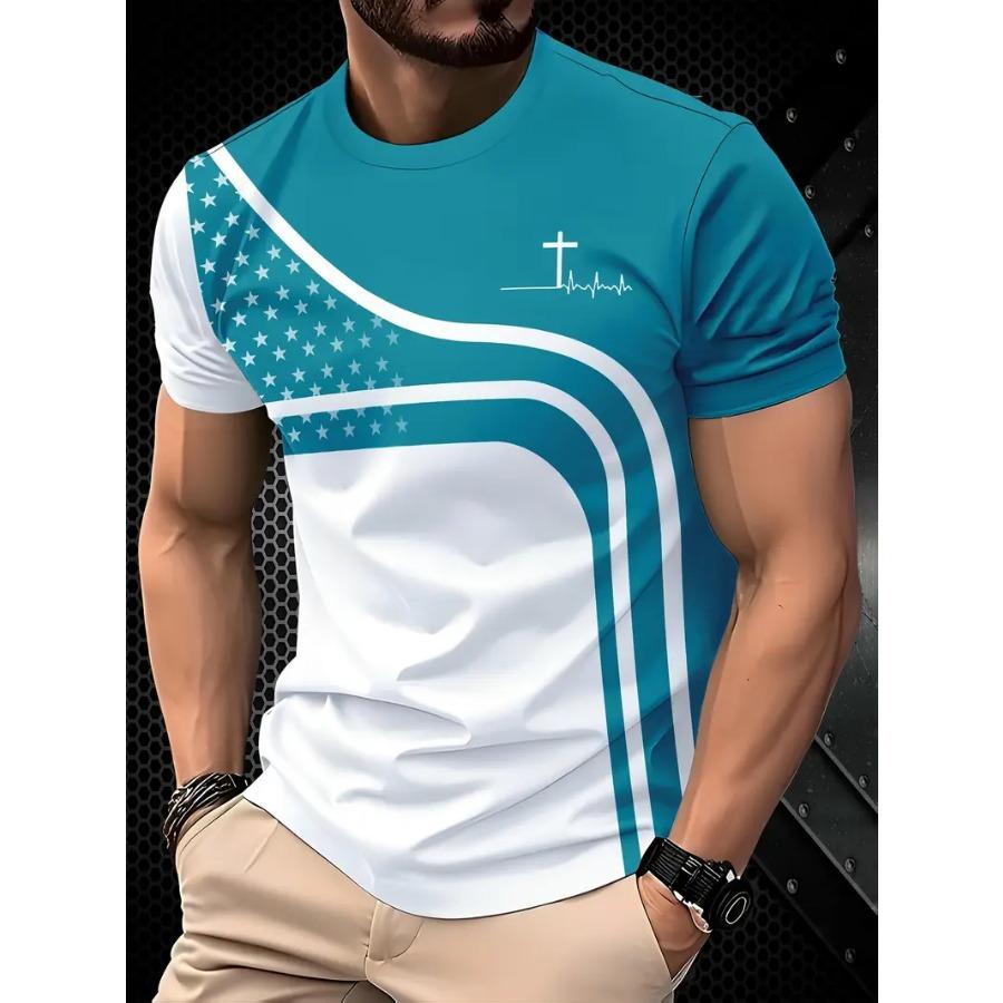 Men Casual Graphic T-Shirt - Black & White Abstract Design, Short Sleeve, Round Neck  Stretchy Summer, Streetwear Style, Everyday Comfort Tee