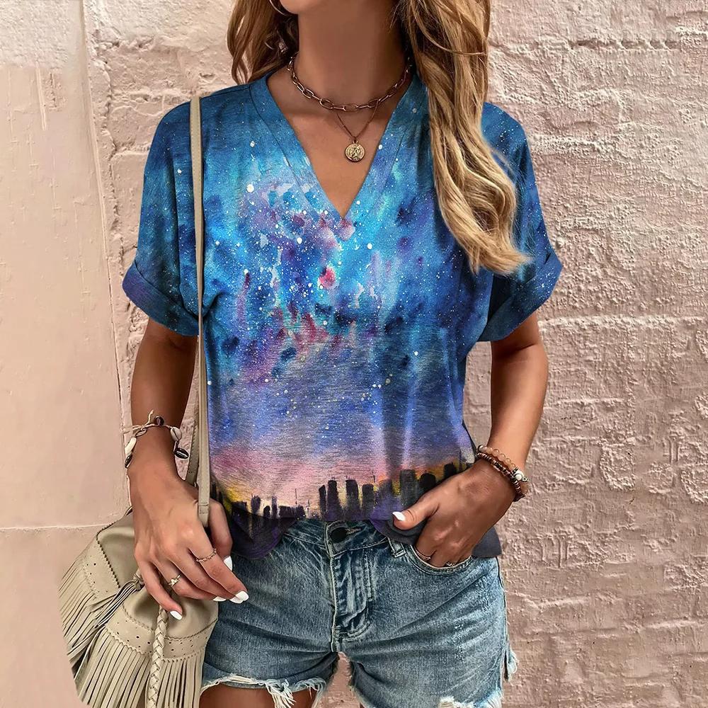 Summer Women Vintage T-shirt Fashion Graphic V-Neck Tops Tees Female Casual Short Sleeve Clothing Ladies Stylish Outfit