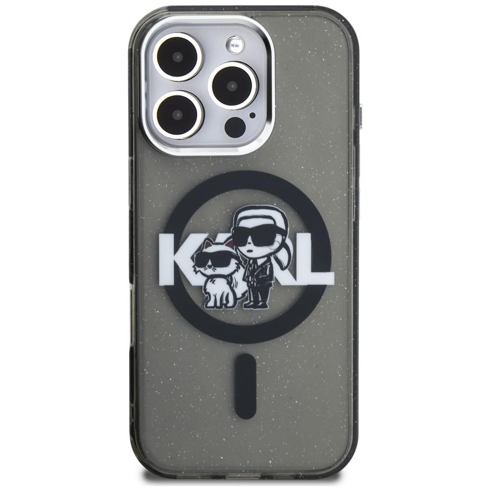 Karl Lagerfeld IML Glitter Karl & Choupette Sketch Logo MagSafe Case for iPhone 16 Pro Max Black