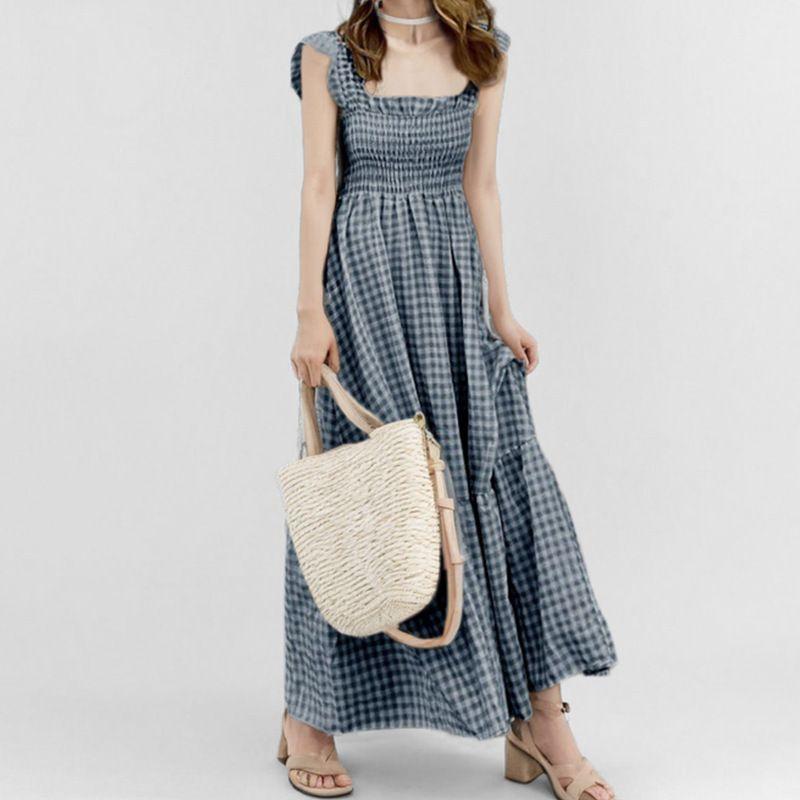 

Spring New Arrival Women s Clothing Work Clothing Collage Gingham Sling Elastic Expandable Dress Black S
