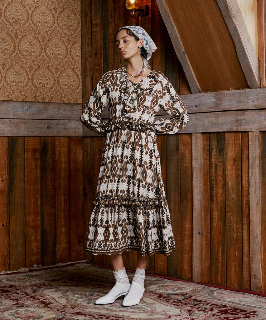 Penfield Ethnic V-Zone Frill Dress Brown_Fr3Ws64F