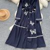 Elegant Butterfly Embroidered Polo-neck Vintage Long Sleeves Single Breasted Slim A-line Long Dress French High Street Clothing