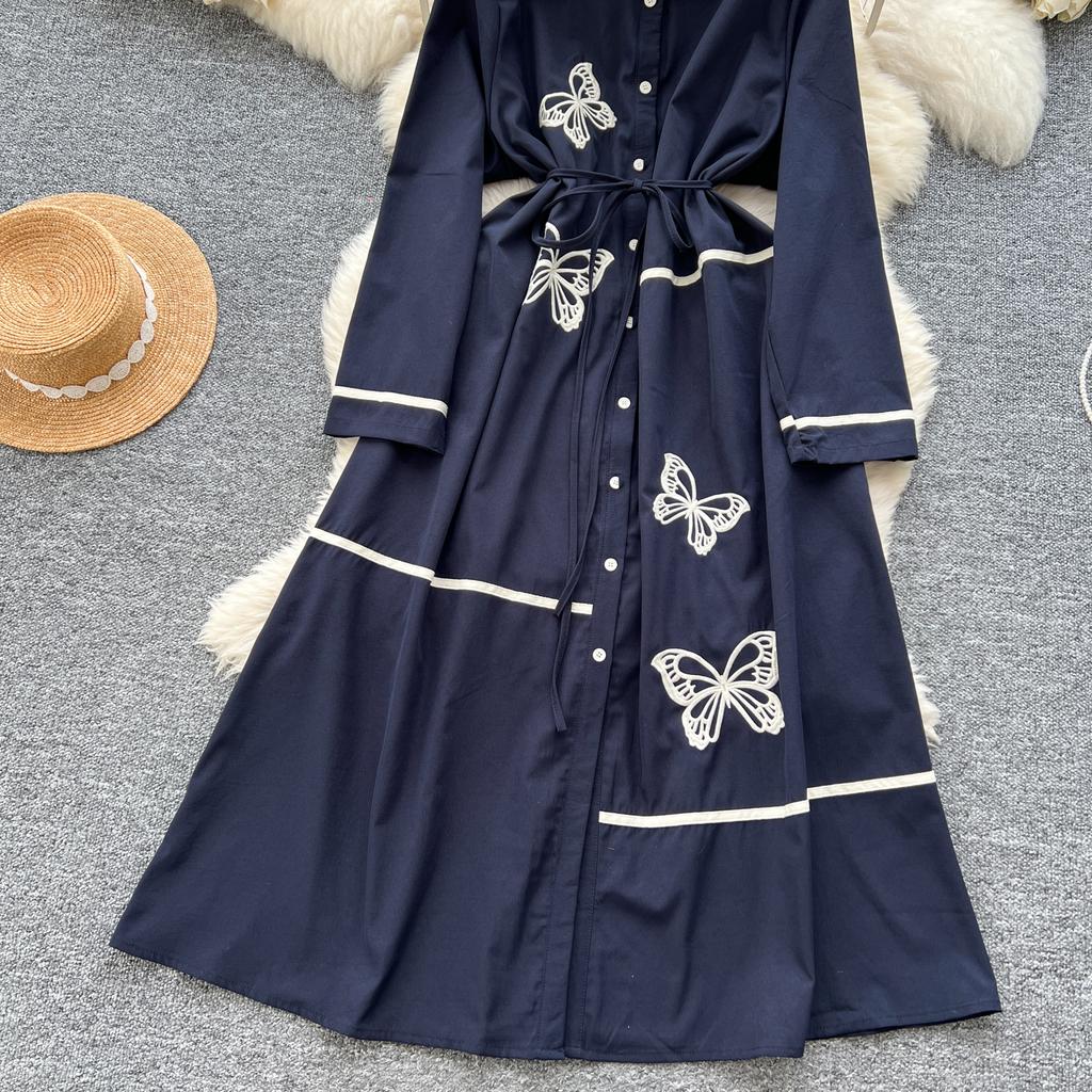 Elegant Butterfly Embroidered Polo-neck Vintage Long Sleeves Single Breasted Slim A-line Long Dress French High Street Clothing