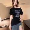 Pure desire style design slanted shoulders irregular short-sleeved T-shirt women's summer American retro hottie slim-fitting slim top