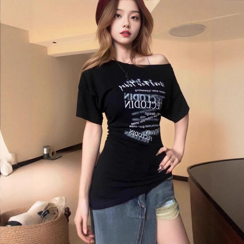 Pure desire style design slanted shoulders irregular short-sleeved T-shirt women's summer American retro hottie slim-fitting slim top