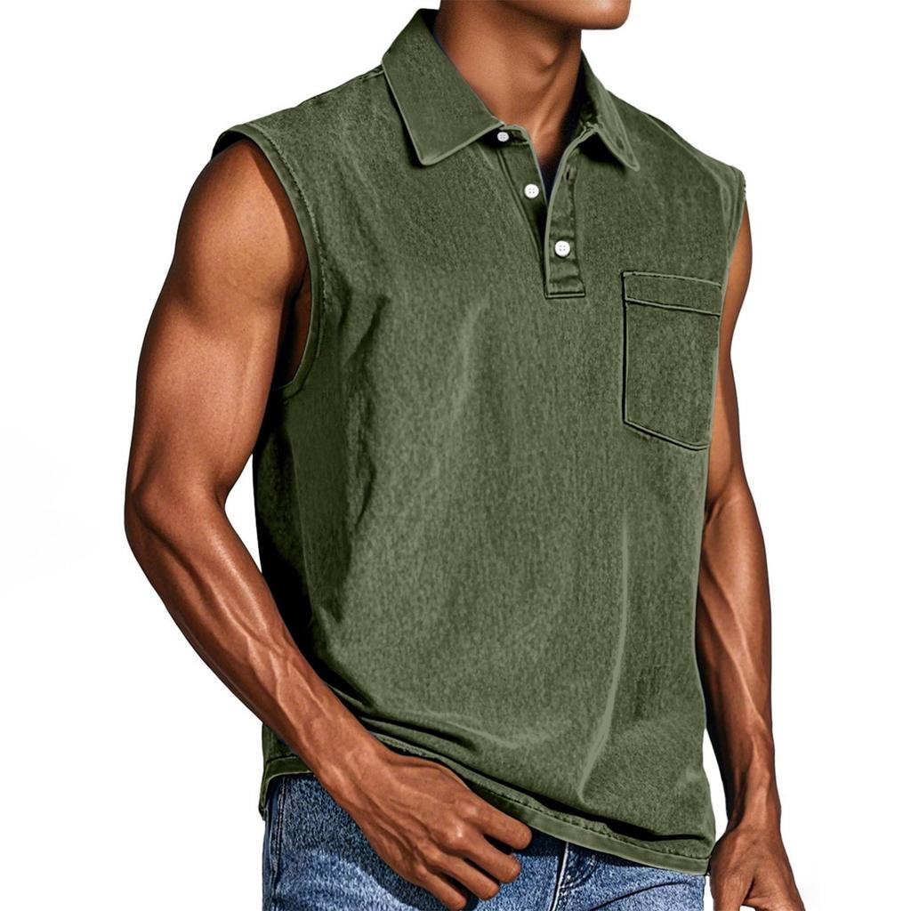 Men's Summer Solid Color Sports Pocket Buttons Lapel Vest Men's Sports Casual Vest