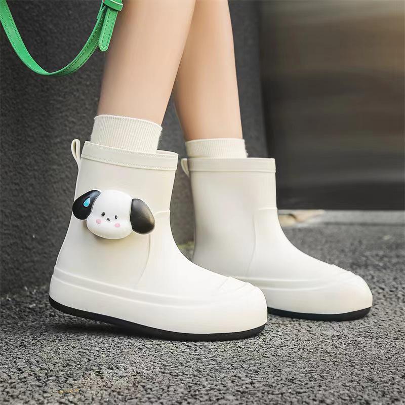 Women's Cute Korean Cartoon Non-Slip Waterproof Rain Boots with Velvet and Cotton for Warmth - Short Tube Outdoor Footwear