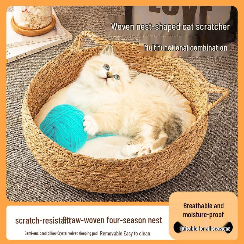 Four Seasons Rattan Cat Nest: Cozy Straw-Weaved Bed for Cats & Small Dogs