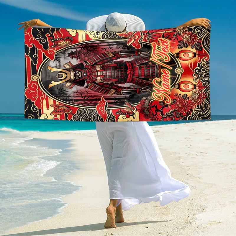 1PC Custom Name Samurai Armor Beach Towel Highly Absorbent And Sand-Resistant Towel for Swimming, Pool, Yoga, And Travel Lightweight