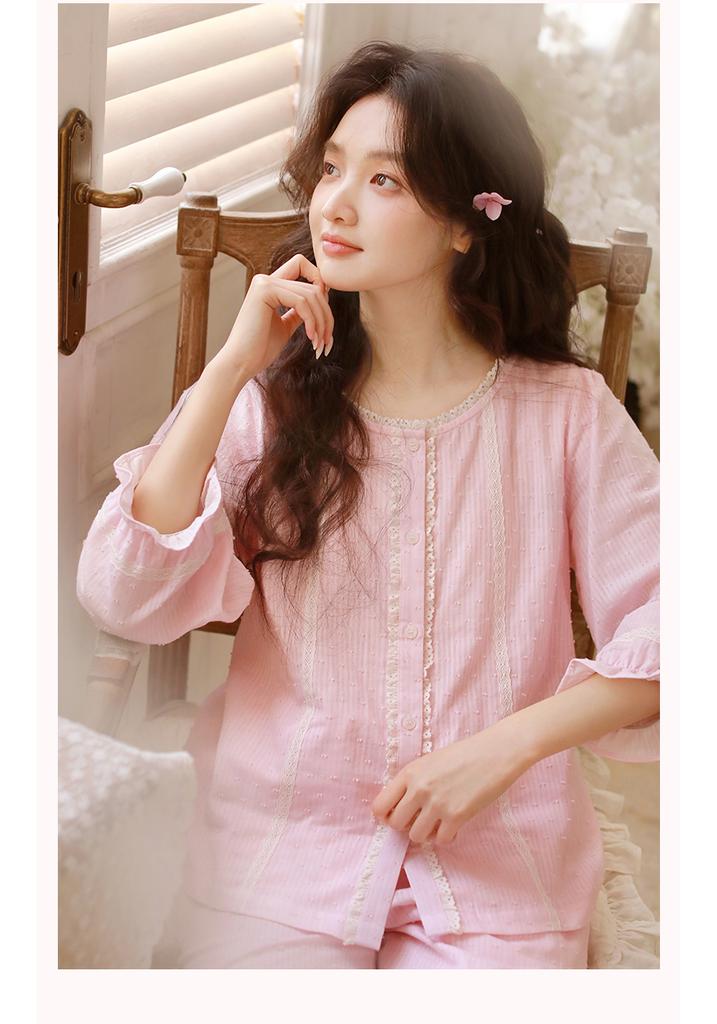 Qingmu Women's Gauze Nine Sleeve Pants Home Clothes Set