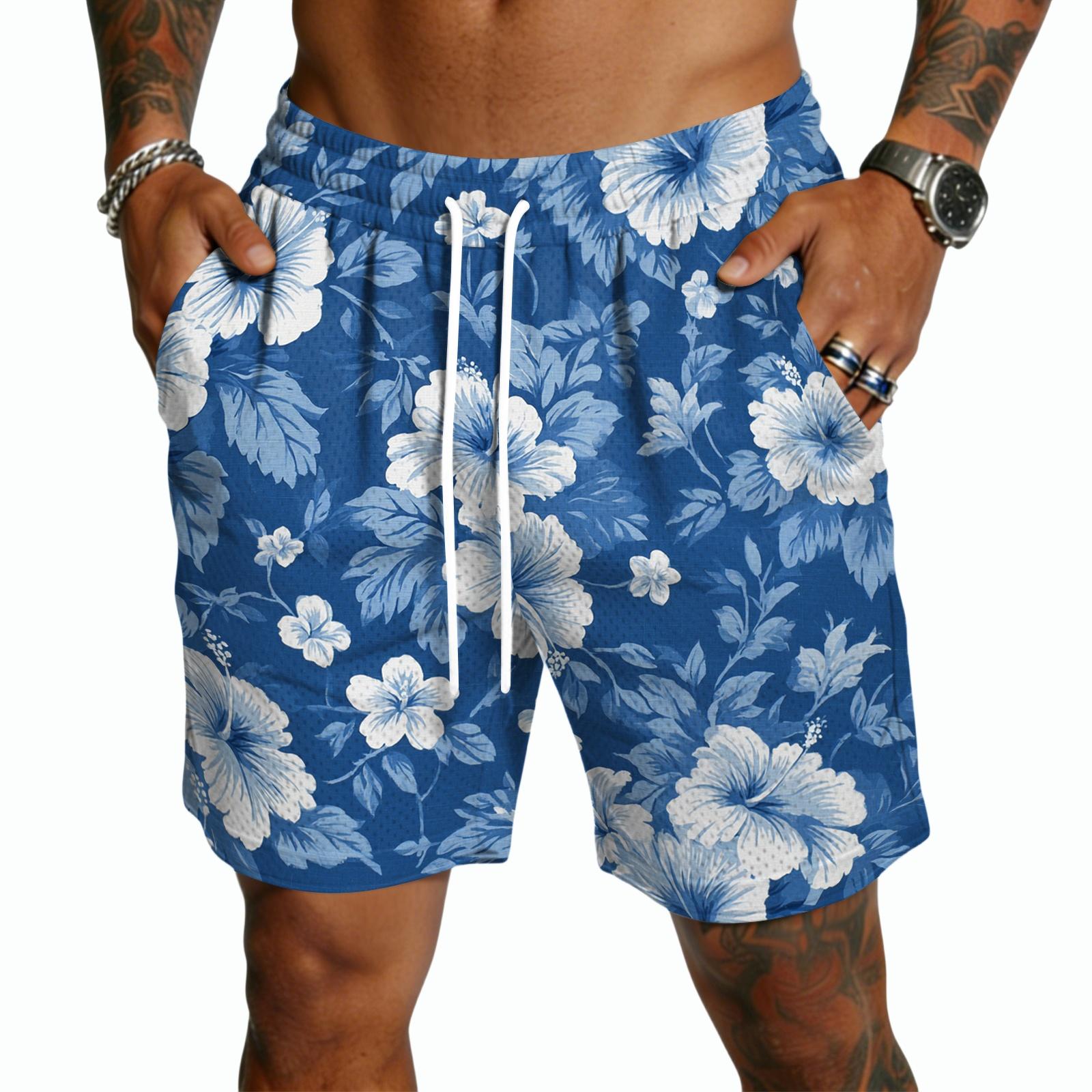 Men’s Casual Drawstring Shorts Lightweight Quick Dry Five Inch Inseam Shorts with Hawaiian Floral Print for Everyday Wear S синий