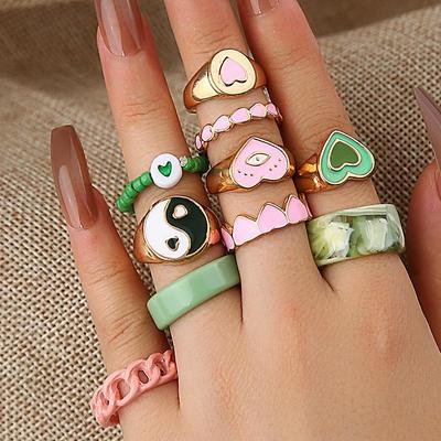 10ks Metal Painting Evil Eye Finger Ring Set pro ženy Muži Boho Heart Street Jewelry Růžová Zelená Otevřené prsteny Pryskyřice Estetický dárek