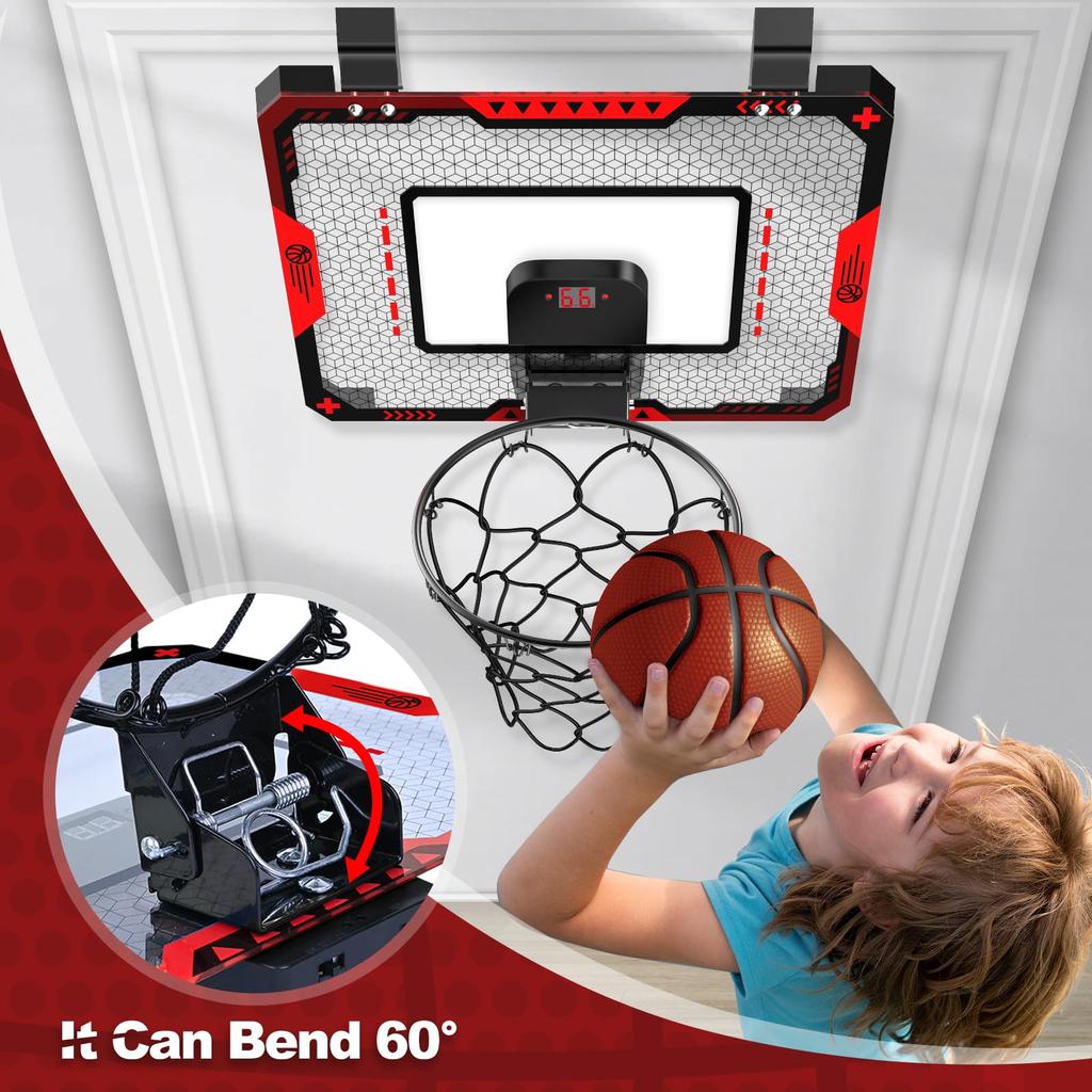 Kids' Indoor Basketball Hoop with Electronic Scoreboard, Mini Over-the-Door Basketball Hoop with 3 Balls, Basketball Sports Toy for Boys Ages 6-8,
