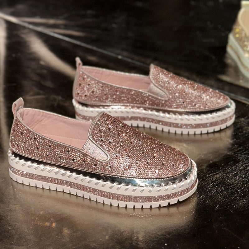 Low-top thin foot casual muffin single shoes women's large-size flat-bottomed one-pedal rhinestone single shoes