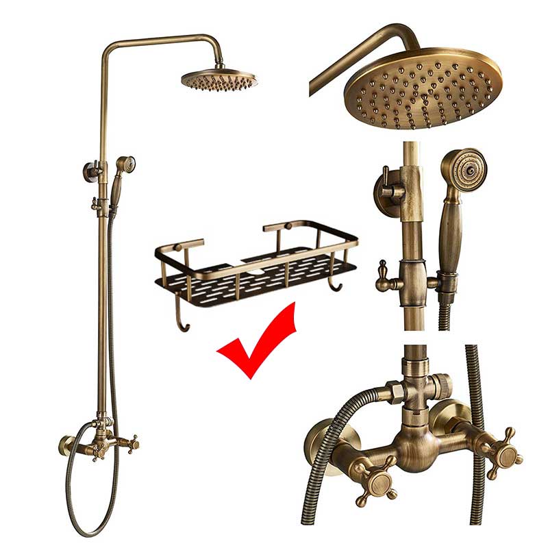 Antique Brass Shower Faucet Mixers Dual Handle Rainfall 8" Brass Shower Head with Bath Storage Shelf and Hooks Shower Water Tap