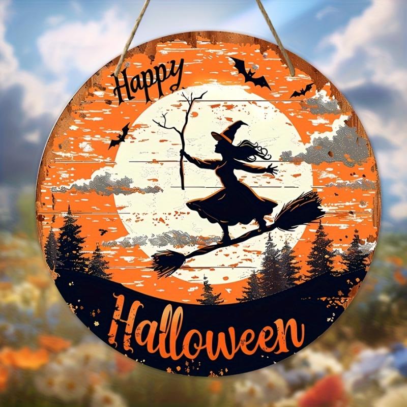 1Halloween Pumpkin Witch Round Plate Hanging Sign Restaurant Hanging Sign Wooden Party Home Window Wall Door Hanging Ghost House