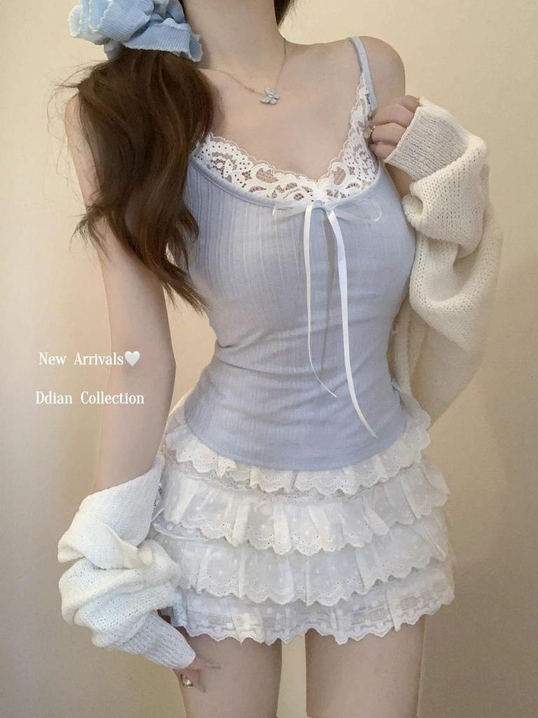 Plus Size Bow Lace Trim Sexy Camisole Tank Top for Women - Summer Loose Fit