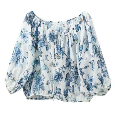 Lyocell Floral Tie-Waist Lantern Sleeve Top