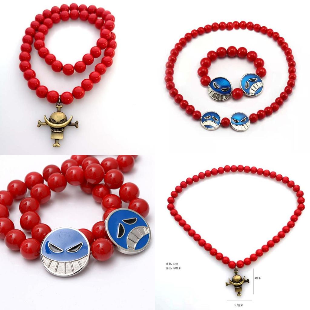 One Piece Portgas D Ace Halskette Whitebeard Piraten Anhänger Rotes Perlenarmband