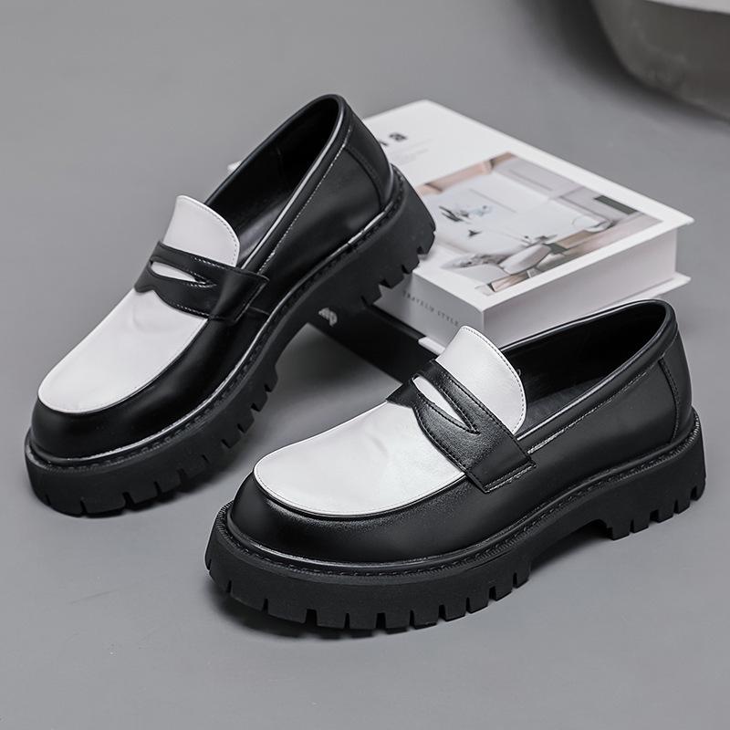 Four Seasons Men's Thick-Soled Black & White Tassel Loafers – Low-Top Leather Casual Shoes