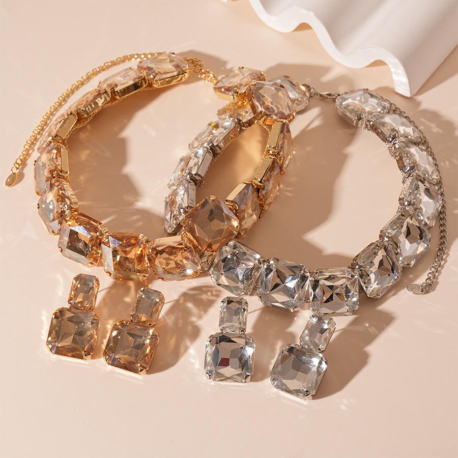 2-Piece Set: Rhinestone Square Stud Earrings & Necklace – European/American Chic, High-End Luxury for Women