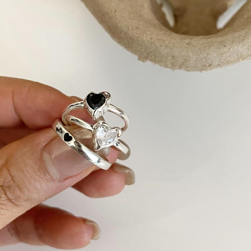 BFCLUB  Silver Color Black Heart Ring For Women Fine Jewelry Finger Adjustable Open Vintage Ring For Party Birthday Gift