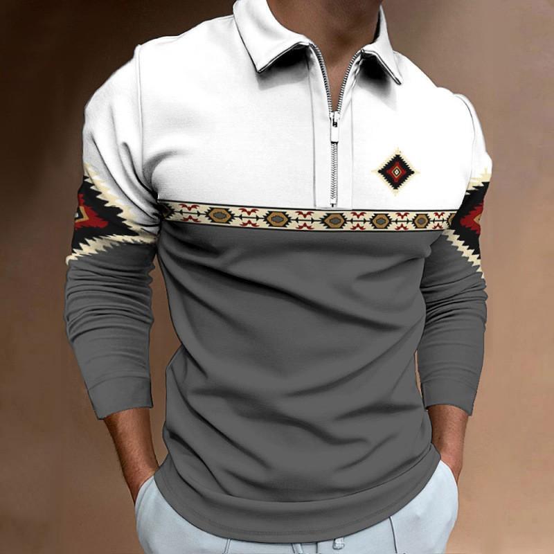 New Men's Cross-border Amazon Zipper Casual Slim Fit Men's Striped Digital Printed Long Sleeved Polo
