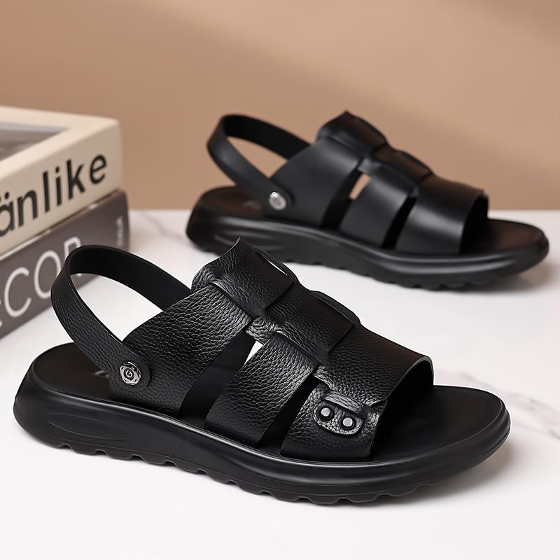Fashion Mens Commute Genuine Leather Sandals Solid Color Leather Summer Breathable Beach Shoes Casual Comfortable Open Toe Soft Sandals