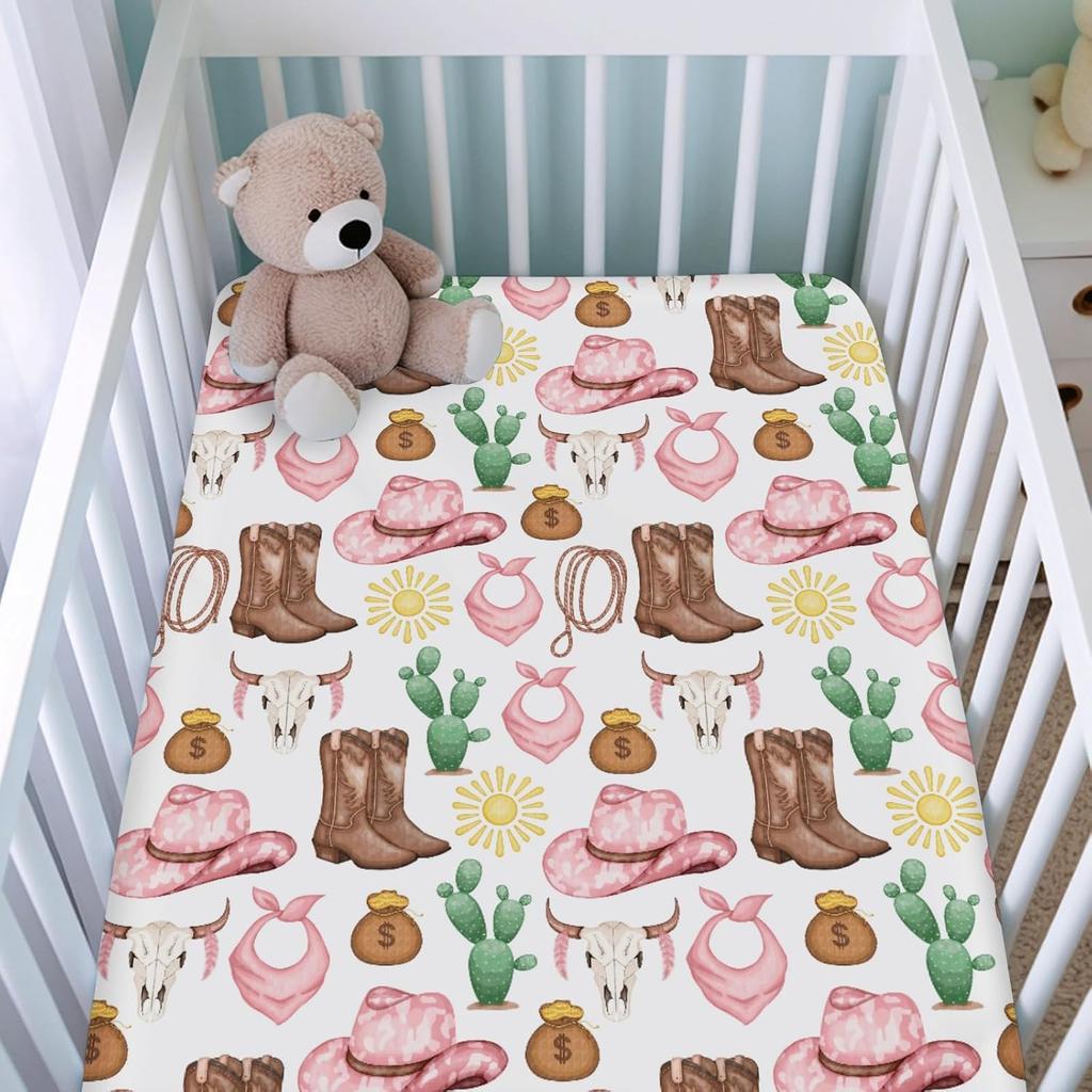 Pink Western Cowgirl Cowboy Fitted Baby Crib Sheet for Boy Girl 52"x28" Desert Cowboy Hat Boot Sun Cactus Soft Breathable Baby Crib Mattress Bed
