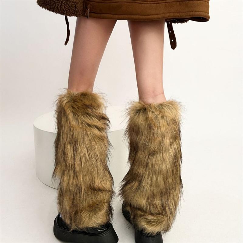Women Harajuku Fuzzy Plush Leg Warmers Japanese JK Winter Warm Thickened Furry Boots Cover Vintage Leg Sleeve Long Socks