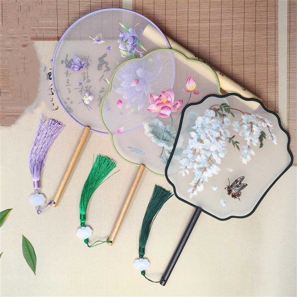 Flower Embroidered Silk Round Fan Chinese Hand Fans with Wooden Handle Tassel Wedding Party Dance Accessories Home Decor