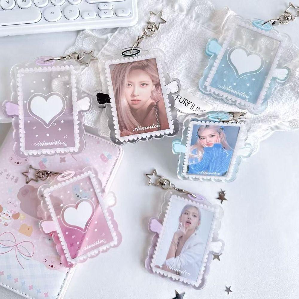 3 Inch Card Holder Colorful Angel Wings Clear Acrylic Card Sleeve with Keychain Display Kpop Photocard Holder Bag Pendant