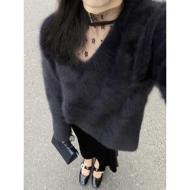 

Waxy soft cotton collar lazy mink fleece sweater women s thickened pullover jacket top knitted sweater autumn and winter one size fits all чёрный