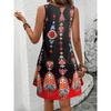 Womens Boho Dress Summer Round  Neck Sleeveless Dresses Ethnic Floral Print Sundress Mini Dress