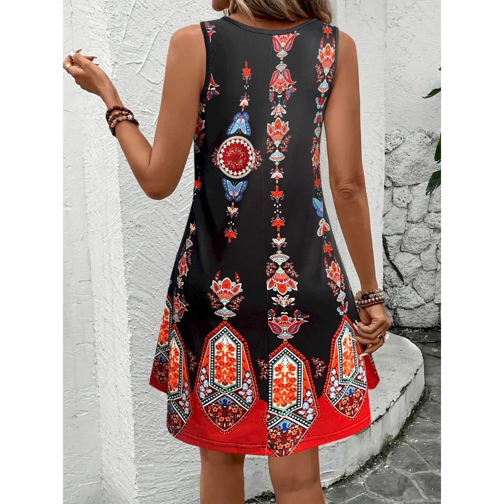Womens Boho Dress Summer Round  Neck Sleeveless Dresses Ethnic Floral Print Sundress Mini Dress
