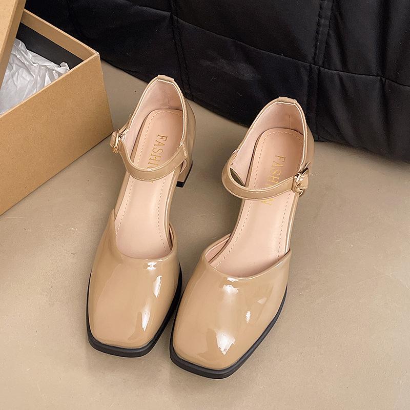 

Женские туфли на высоком каблуке Мэри Джейн, весна-лето 2025, новый темперамент, одинарный ремешок, туфли-лодочки на толстом каблуке, сандалии с закрытым носком 40 абрикосовый