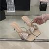 Purple Satin Rhinestone Word with Sandals Women's Summer New Bow Open-toed Wear High Heels Cool Slippers