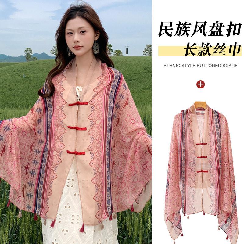 Small fresh white floral silk scarf women's summer travel buckle sunscreen large shawl beach towel thin yarn scarf scarf