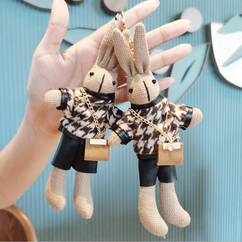 Adorable Houndstooth Bunny Plush Keychain Cute Stuffed Doll Fashion Toy