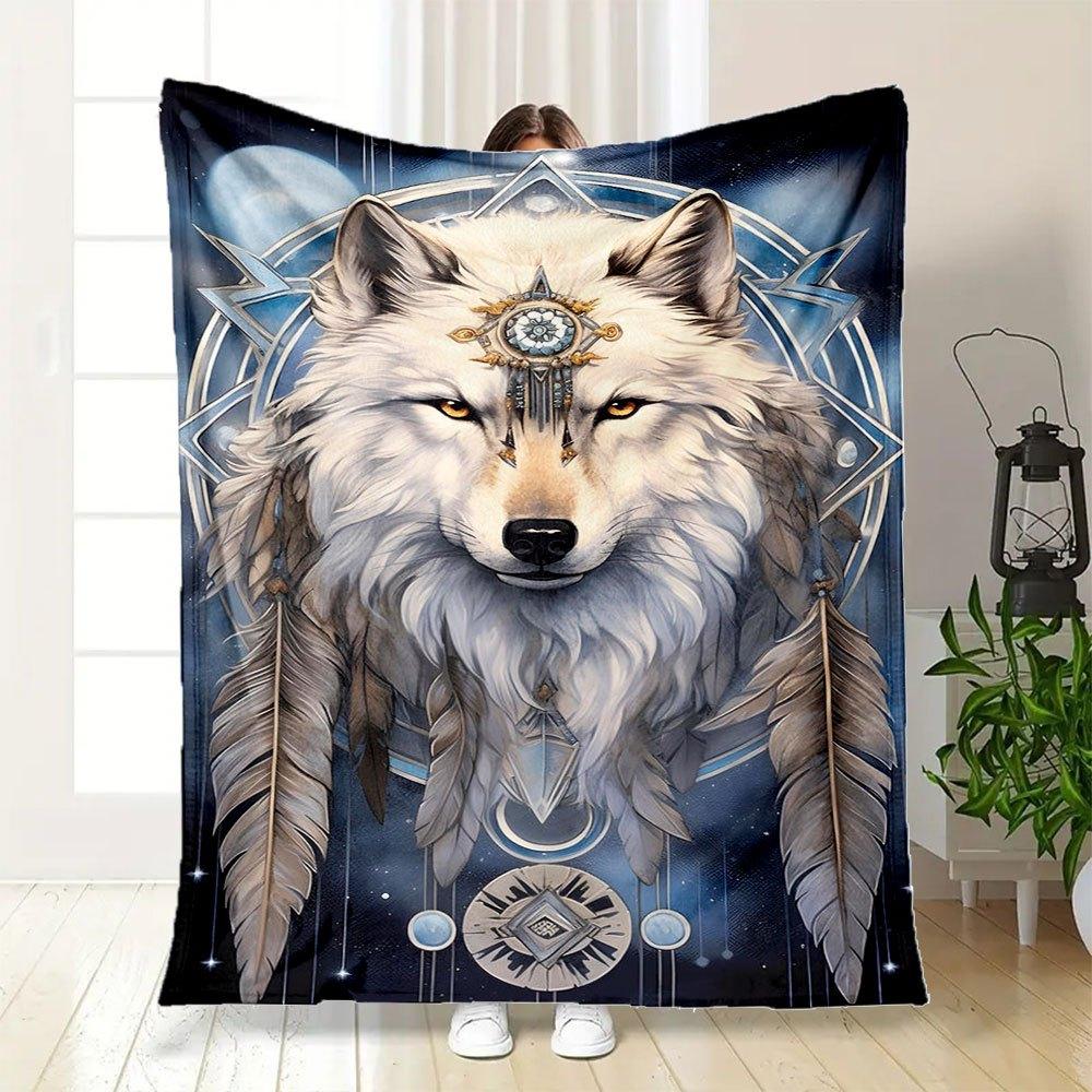 "White Wolf Spirit Dreamcatcher Wall Art Print"Blanket Flannel Throw Blanket for Sofa, Bed, Travel, Camping, Office, Couch, Chair, And Bed G