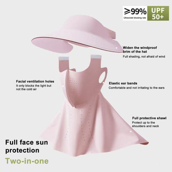 Women Hat with Face Guard Shawl Sun-Proof Breathable Solid Color Design Sun Hat Elastic Large Head Circumference Empty Top Hat