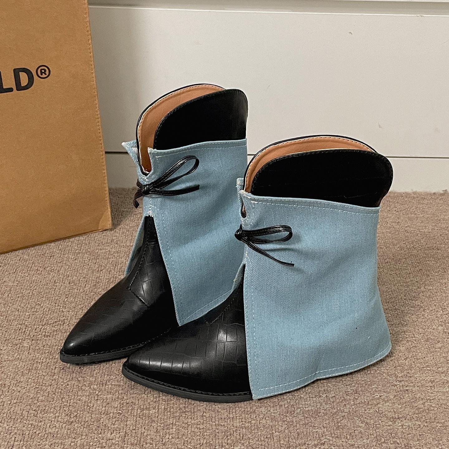 

Queen Fan Versatile Pointed Platform Boots Women s Summer 2025 New with Skirt Heightening Soft Sole Retro Short Boots 42 синий