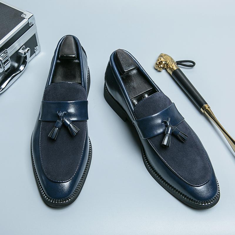 

Fashion Britain Designer Men Pointed Blue Suede Patchwork Tassels Casual Dress Homecoming Shoes Male Formal Wedding Loafers Footwear 46