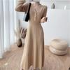 Wave V-neck breasted knitted dress women's autumn and winter new medium and long waist and thin bottom sweater skirt