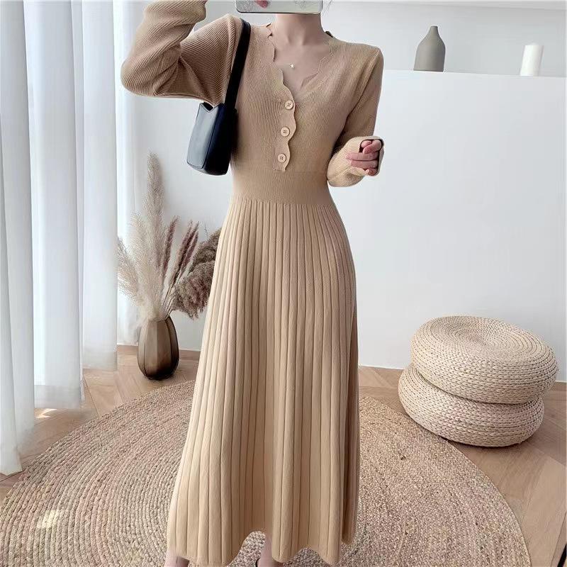 Wave V-neck Breasted Knitted Dress Women's Autumn and Winter New Medium and Long Waist and Thin Bottom Sweater Skirt