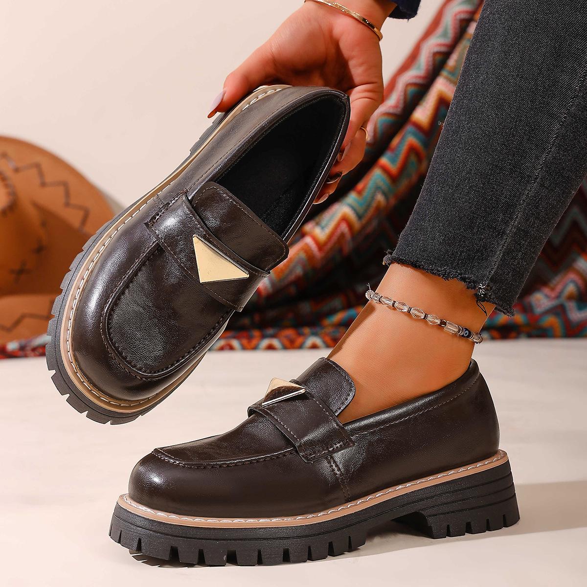 

2025 new cowhide/cow anti-leather round head metal buckle platform loafers 4CM square heel casual single shoes women s shoes 43 темно-коричневого кольору