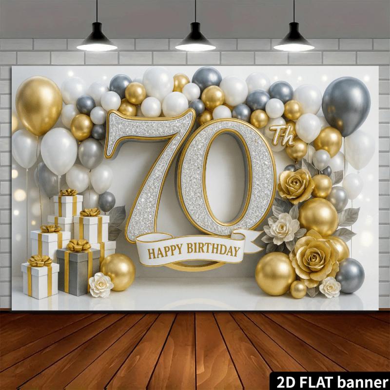 2D rovina 70. narozeniny luxusní pozadí dekorační látka se třpytivými diamanty, číslo „70“ + zlatá balónková dekorace